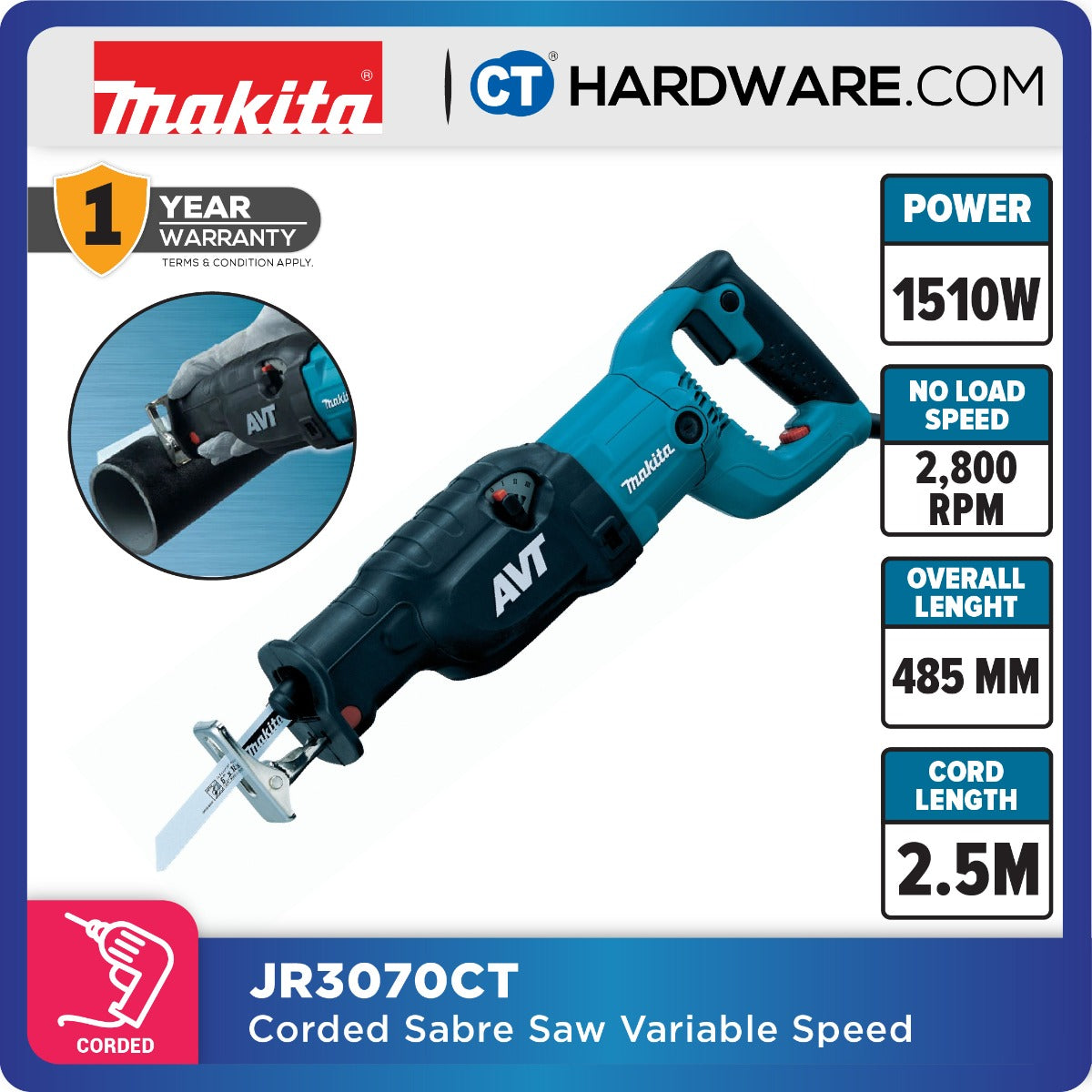 MAKITA JR3070CT SABRE SAW 4.3KG 1510W 130MM  2800RPM ( VARIABLE SPEED )