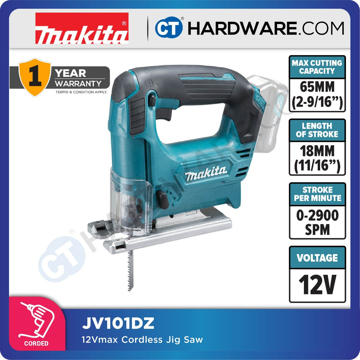 MAKITA JV101Z 12Vmax CXT Cordless Jig Saw (Tool Only) (12V CXT SERIES)
