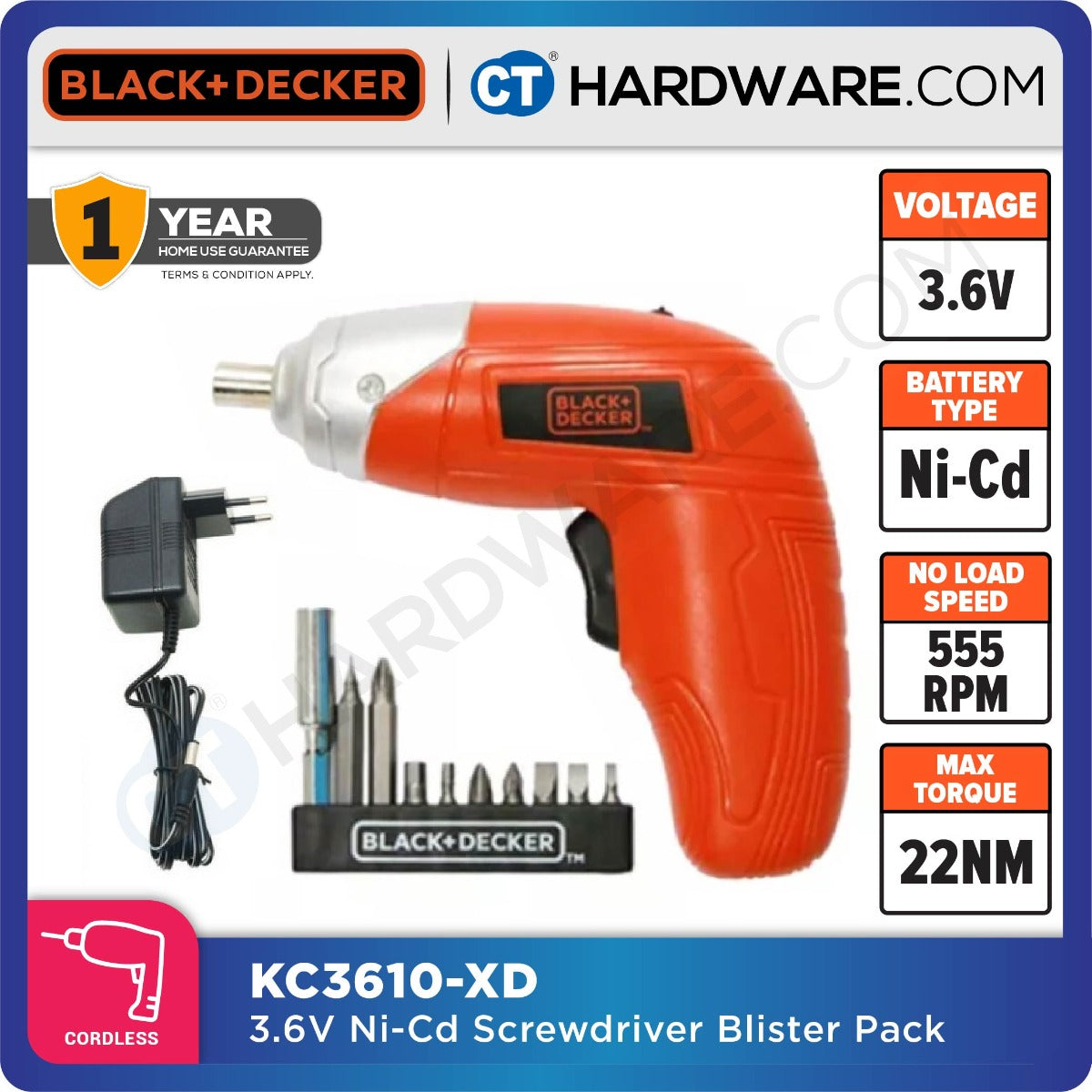 BLACK & DECKER KC3610-XD 3.6V CORDLESS SCREWDRIVER BLISTER PACK WITH DRIVER SET 10PCS BITS