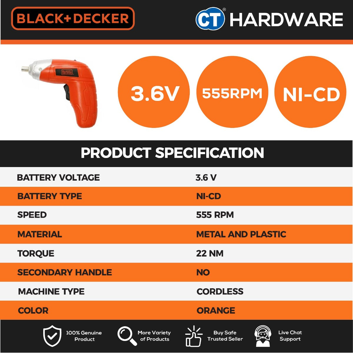 BLACK & DECKER KC3610-XD 3.6V CORDLESS SCREWDRIVER BLISTER PACK WITH DRIVER SET 10PCS BITS
