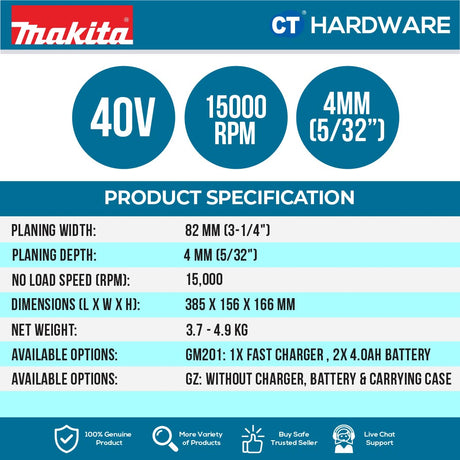 Makita KP001GM201/ GZ XGT 40Vmax Cordless Planer 82 Mm (3-1/4") (Body Only | 2-Battery)