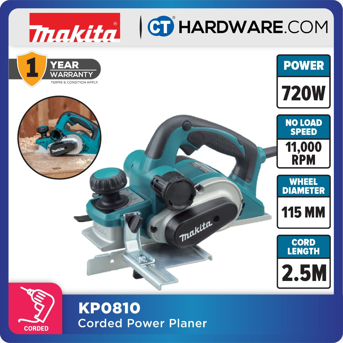MAKITA KP0810 POWER PLANER 3-1/4" 82MM 850W 16000RPM