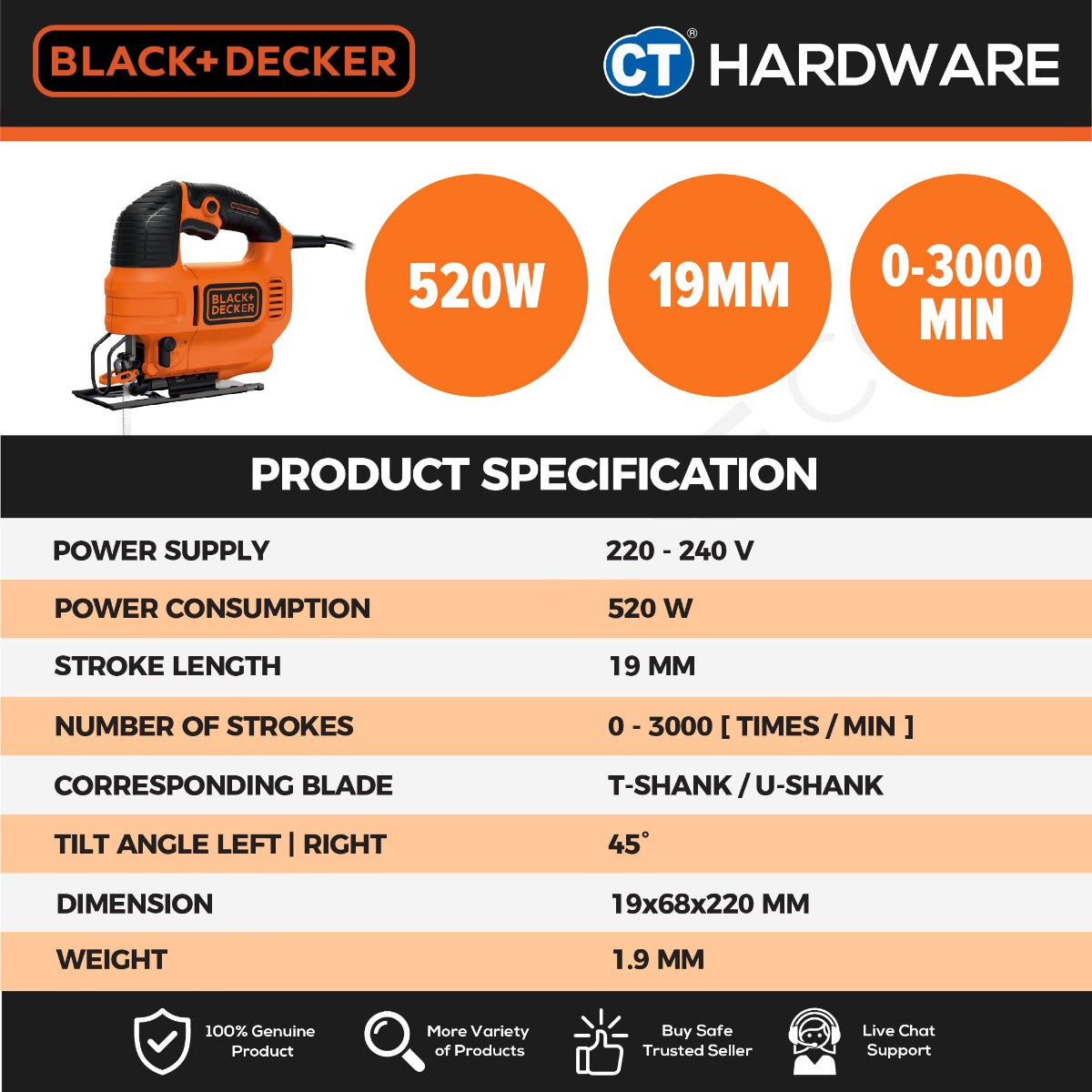 Black+Decker KS701PE-B1 Variable Speed Pendulum Jigsaw 520W 0-3000/Min