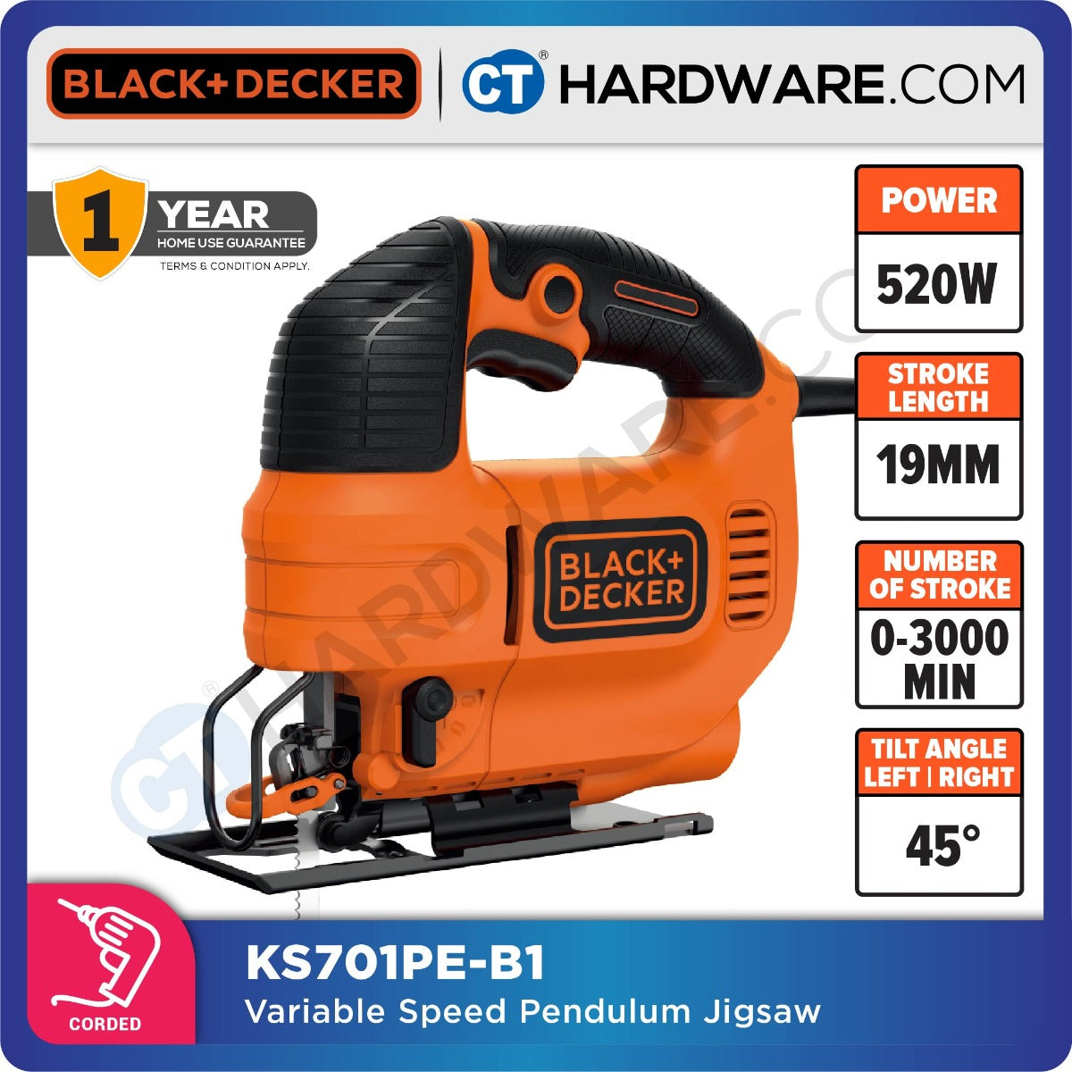 Black+Decker KS701PE-B1 Variable Speed Pendulum Jigsaw 520W 0-3000/Min