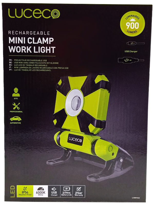 LUCECO LCWR9G60 Rechargeable Mini Clamp Work Light 10W (USB Charging)