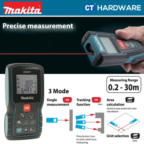 MAKITA LD080PI LASER DISTANCE METER 80M WAVE LENGTH 635NM OVERALL DIMENSION 113MM