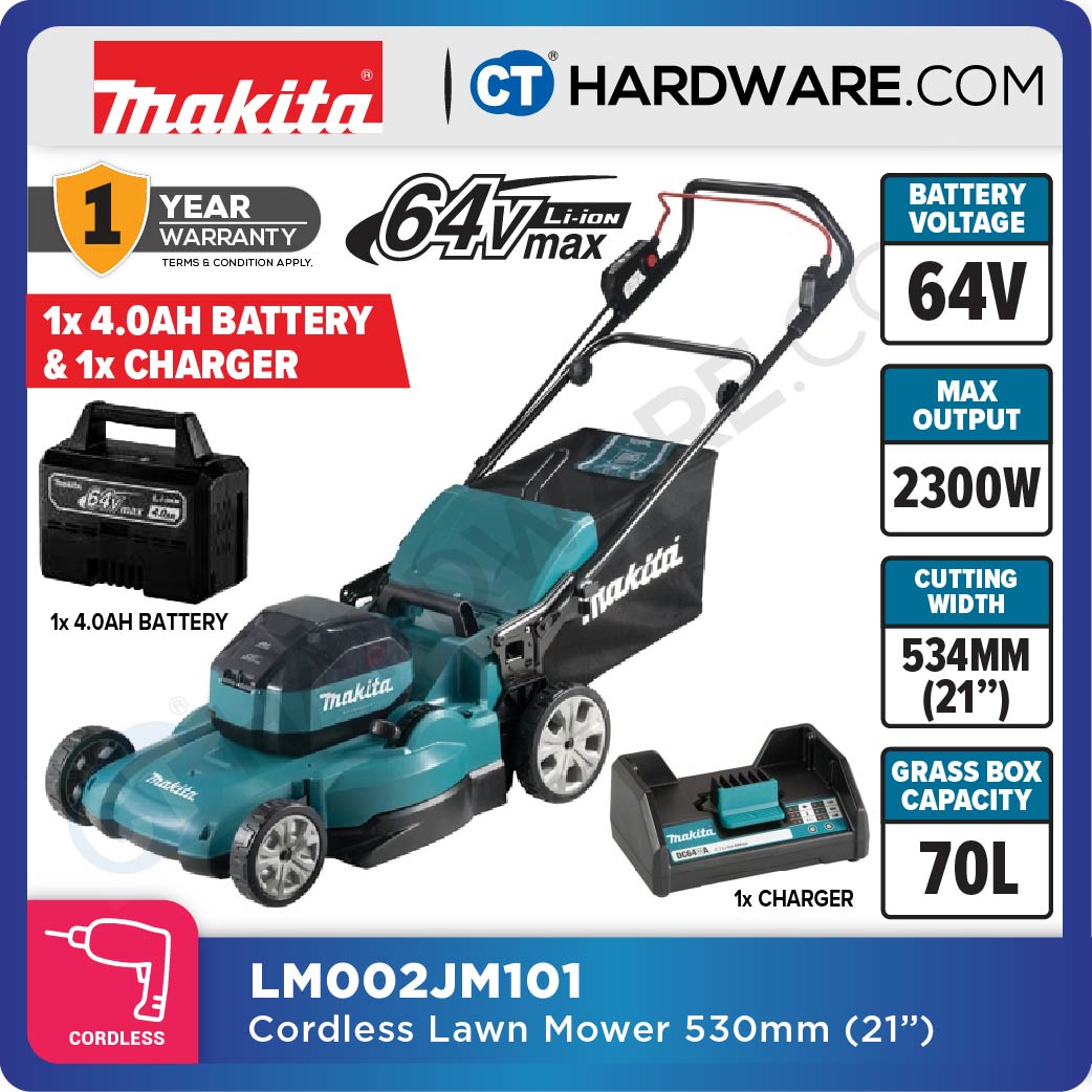 MAKITA LM002JM101 CORDLESS LAWNMOWER 21" 53CM 20-100MM 2300W 2800RPM 1600M2 70L WITHOUT 1 BATTERY 4.0AH & 1 CHARGER