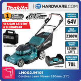 MAKITA LM002JM101 CORDLESS LAWNMOWER 21" 53CM 20-100MM 2300W 2800RPM 1600M2 70L WITHOUT 1 BATTERY 4.0AH & 1 CHARGER