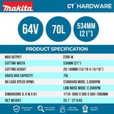 MAKITA LM002JM101 CORDLESS LAWNMOWER 21" 53CM 20-100MM 2300W 2800RPM 1600M2 70L WITHOUT 1 BATTERY 4.0AH & 1 CHARGER