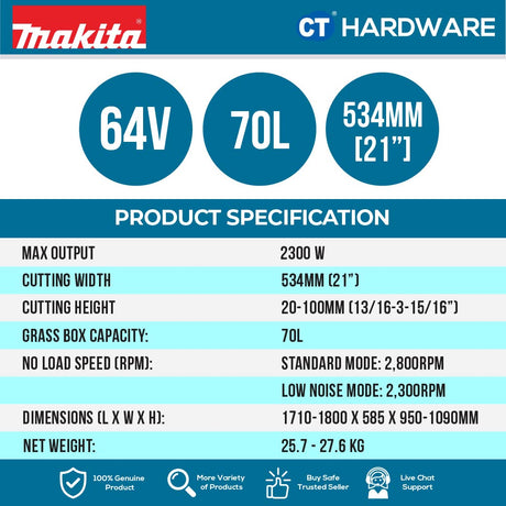 MAKITA LM002JM101 CORDLESS LAWNMOWER 21" 53CM 20-100MM 2300W 2800RPM 1600M2 70L WITHOUT 1 BATTERY 4.0AH & 1 CHARGER