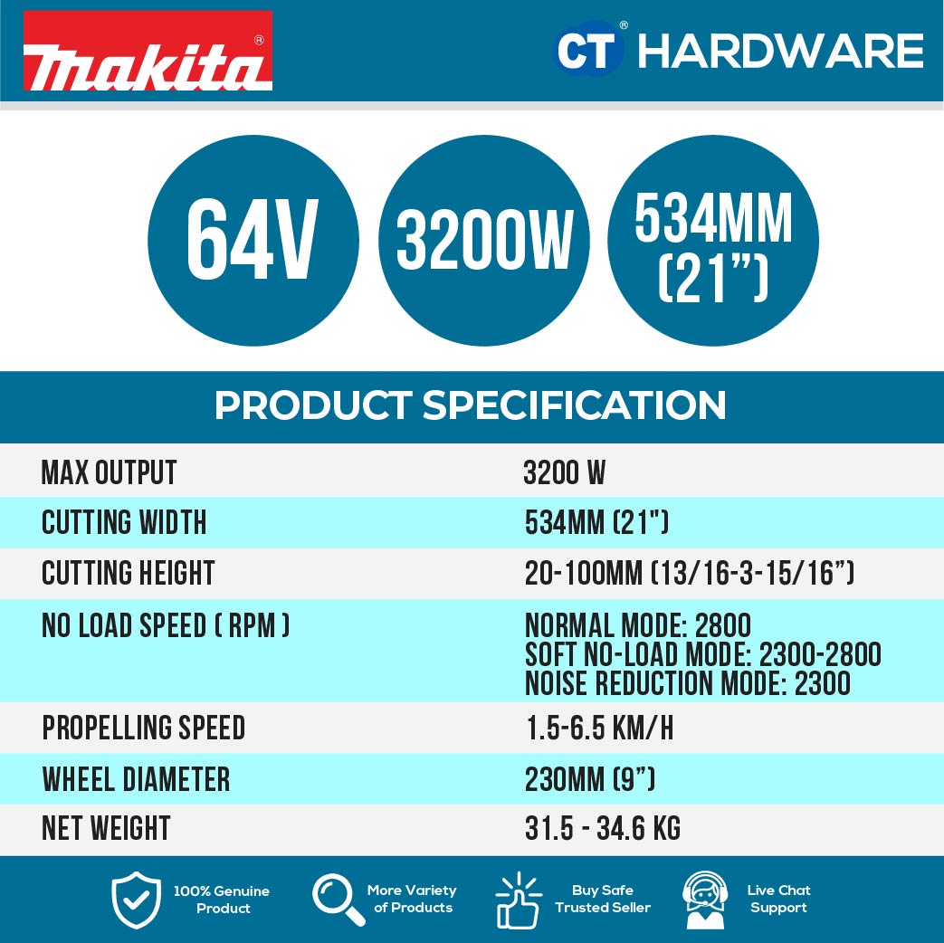 MAKITA LM004JZ CORDLESS LAWN MOWER 64V | 21" | 3200W | 2800RPM WITHOUT BATTERY CHARGER