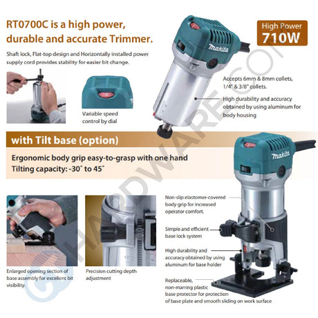 MAKITA RT0700C TRIMMER 1/4" & 3/8" 710W  C/W TRIMMER BASE ( 2PC COLLET )  1.8KG