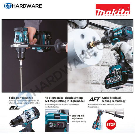 Makita HP001GD201 XGT 40Vmax Cordless Brushless Hammer Driver Drill 13mm 125NM Incl. 2x 2.5Ah Battery, 1x Charger