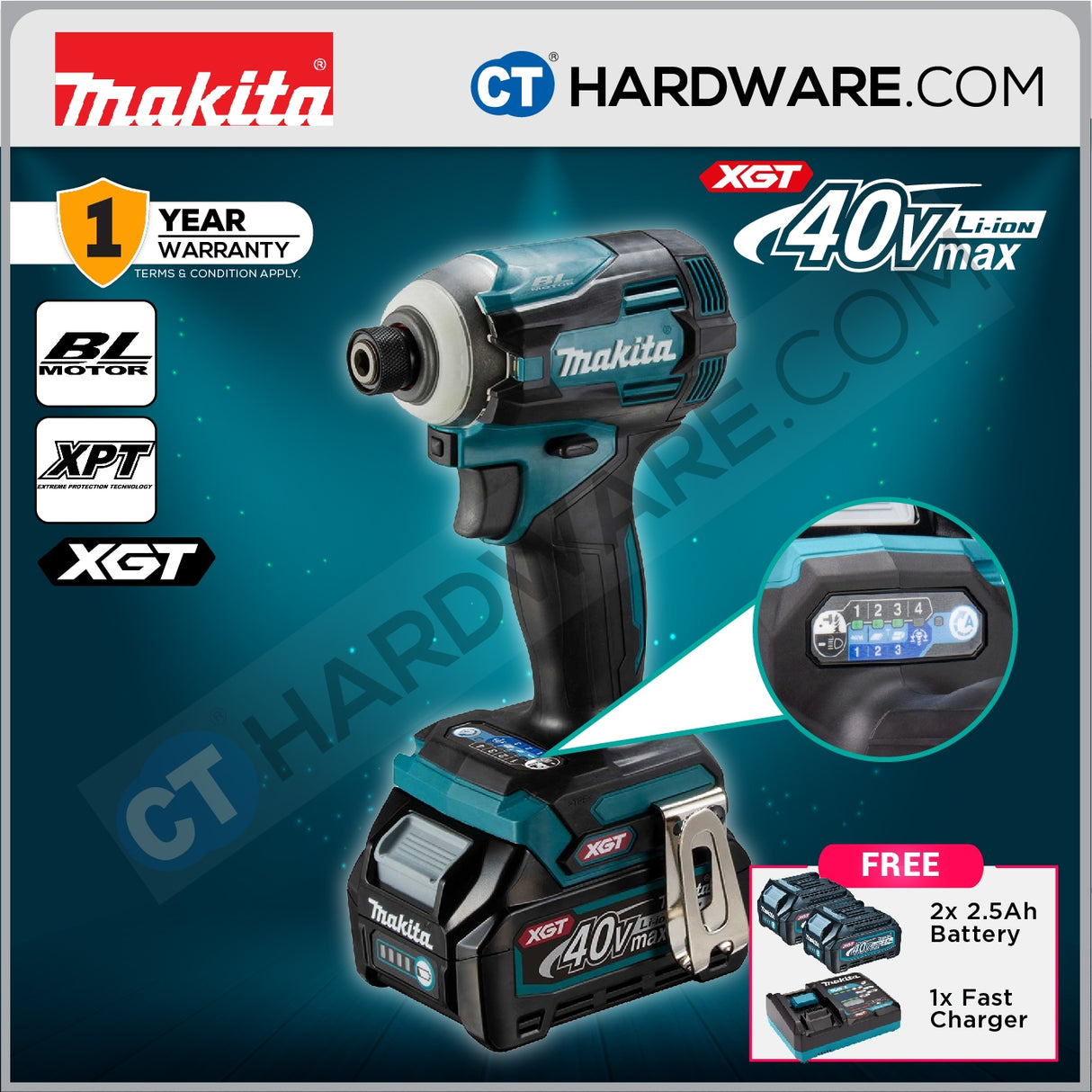 Makita TD001GD201 Cordless Brushless Impact Driver 40V 1/4" 6.35mm 220Nm C/W 2x 2.5Ah Battery & 1xFast Charger