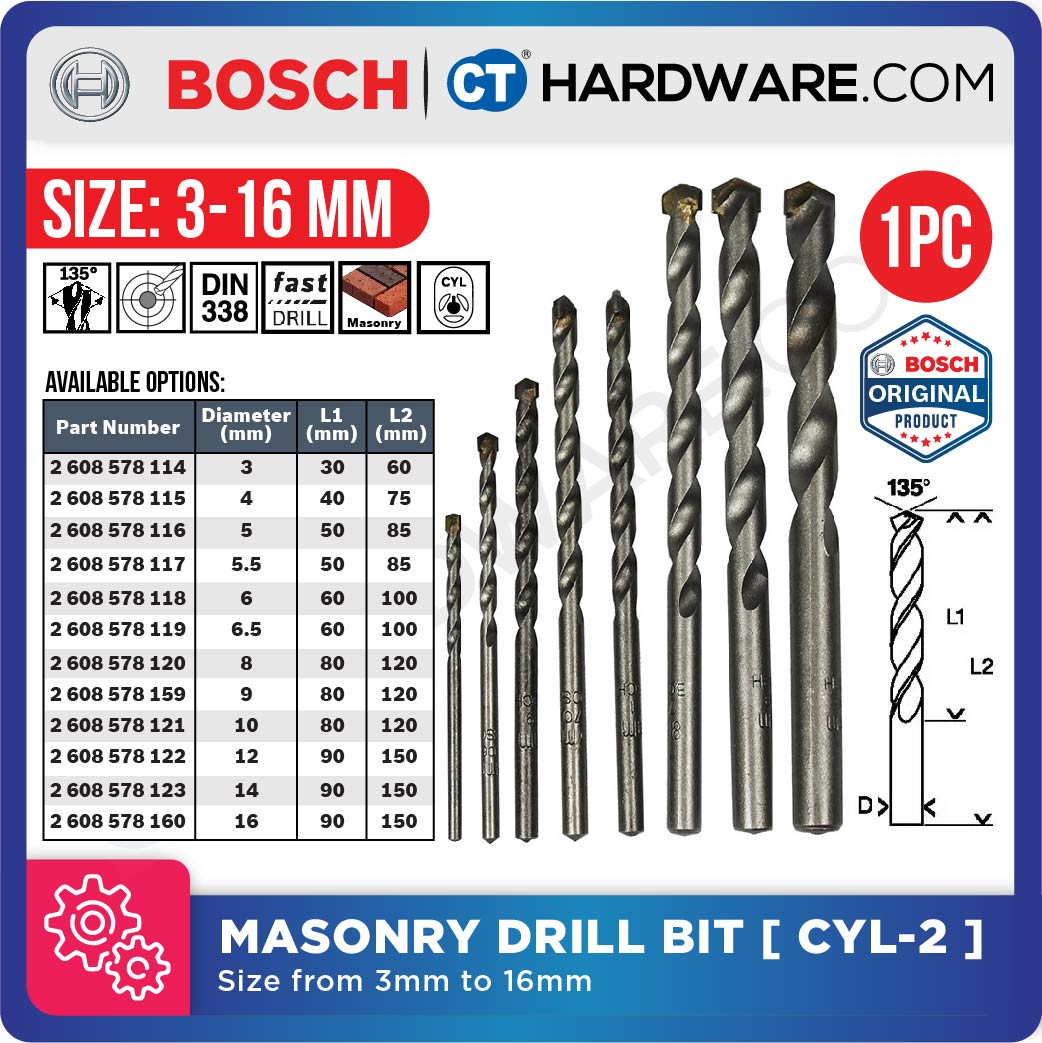 BOSCH MASONRY CYL-2 STRAIGHT SHANK DRILL BIT SIZE 3 TO 16 MM - 1PC