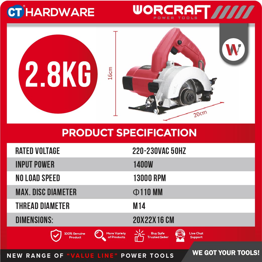 WORCRAFT MC14-110A CORDED MARBLE CUTTER & CONCRETE CUTTER 1400W | 13000RPM | M14 ( MC14110A )