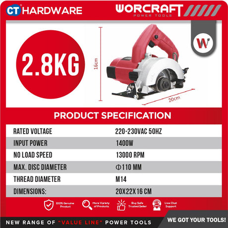 WORCRAFT MC14-110A CORDED MARBLE CUTTER & CONCRETE CUTTER 1400W | 13000RPM | M14 ( MC14110A )