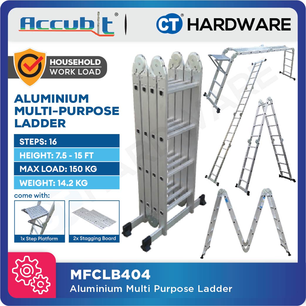 ACCUBIT MFCLB404 ALUMINIUM MULTI PURPOSE LADDER COME WITH STAGGING BOARD & PLATFORM 16 STEPS (MAX 150KG)