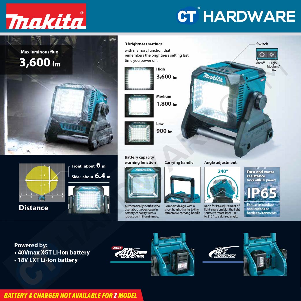 MAKITA ML005GX CORDLESS WORKLIGHT 40Vmax | 18V | High: 3,600 lm | Mid: 1,800 lm | Low: 900 lm WITHOUT BATTERY & CHARGER