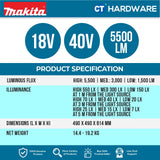 MAKITA ML010G CORDLESS AREA WORKLIGHT 18V/ 40V | HIGH 5500LM | MEDIUM 3000LM | LOW 1500LM WITHOUT BATTERY AND CHARGER