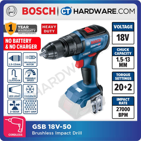 BOSCH GSB 18V-50 BRUSHLESS CORDLESS IMPACT  DRILL 18V | 2.0AH | 420-1600RPM | 30/17NM [ 06019H51L0 | GSB18V50 ]