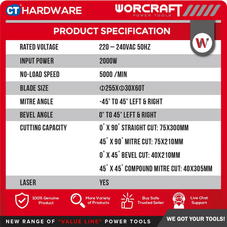 WORCRAFT MST20-255 SLIDING MITRE SAW 10" | 2000W (MST20255)