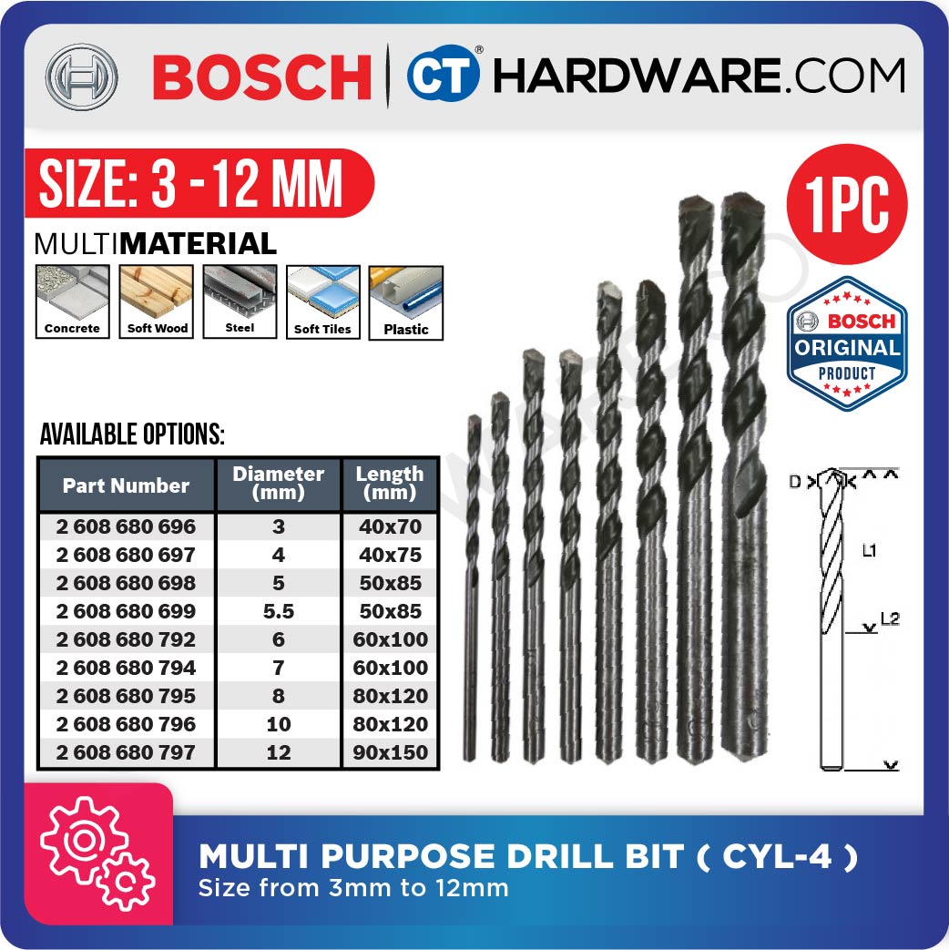 BOSCH MULTI PURPOSE DRILL BIT ( CYL-4 ) SIZE 3 MM TO 12 MM - 1PC