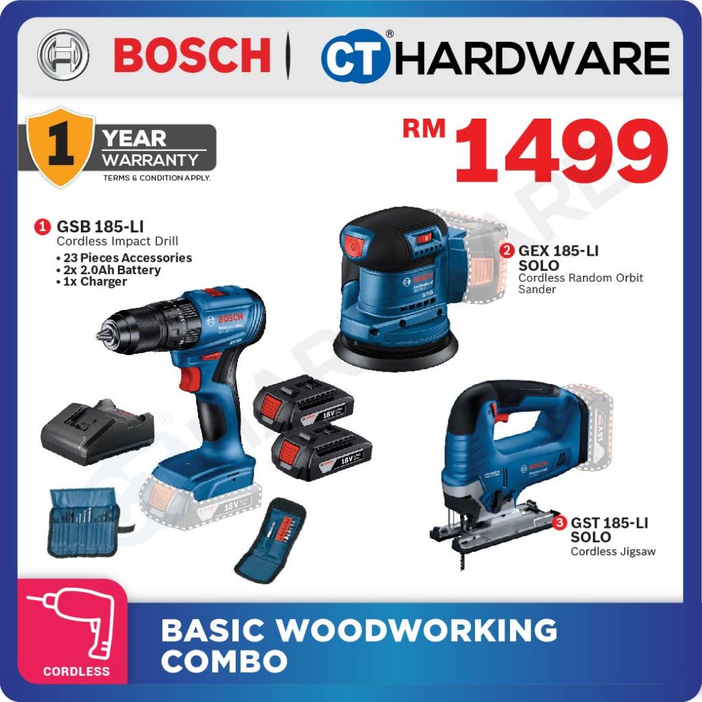 BOSCH COMBO BASIC WOODWORKING [ GSB 185-LI + GEX 185-LI SOLO + GST 185-LI SOLO ]