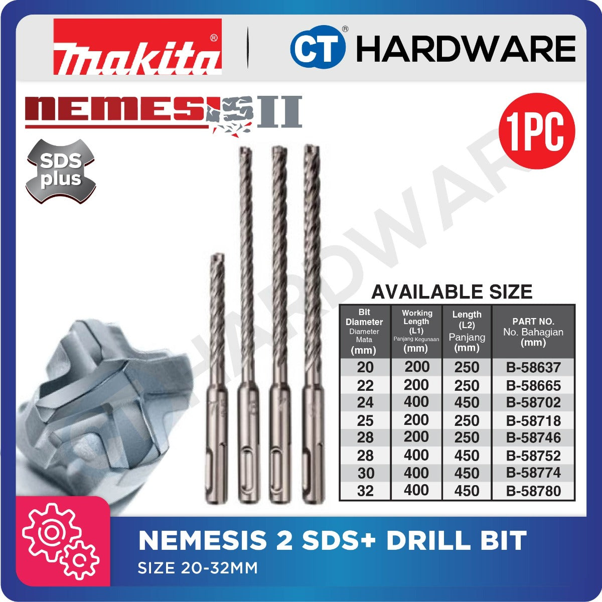 Makita NEMESIS II SDS Plus TCT Drill Bit Size 20mm - 32mm [NEMESIS 2] (1pc)