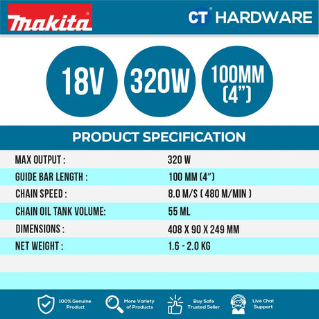 MAKITA DUC101Z CORDLESS PRUNING SAW 18V | 100MM (4") | 320W | OIL TANK 55ML COME WITH 1x 3.0AH BATTERY & CHARGER [ YEAR END SALES ]