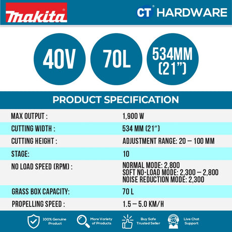 MAKITA LM002GZ CORDLESS LAWN MOWER 40V | 534MM ( 21" ) | 1900W | 70L WITHOUT BATTERY AND CHARGER