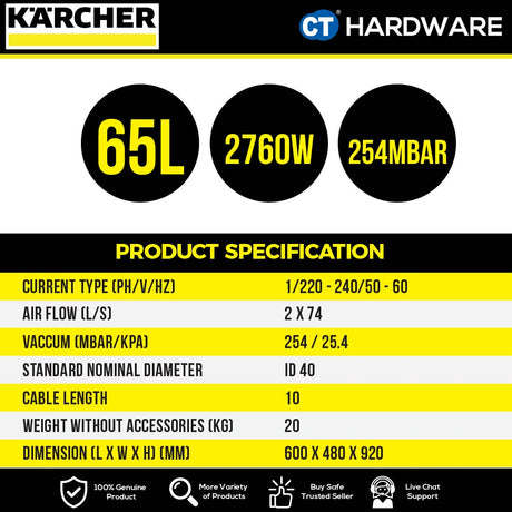 Karcher NT 65/2 AP Wet & Dry Vacuum Cleaner 2760W 65l [NT652AP | 16672910]