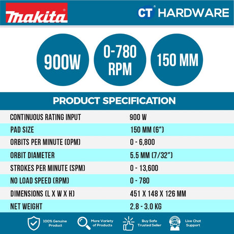 MAKITA PO6000C 150MM (6") DUAL ACTION RANDOM ORBIT POLISHER