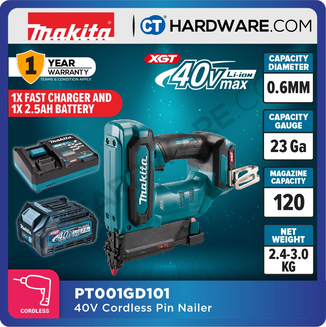 MAKITA PT001GD101 | PT001GZ CORDLESS PIN NAILER 40Vmax | 23GA | 0.6MM | 120 MAGAZINE