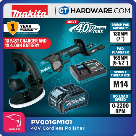 MAKITA PV001GM101 | PV001GZ CORDLESS POLISHER 40V 180 mm (7") | 165 mm (6-1/2") | M14
