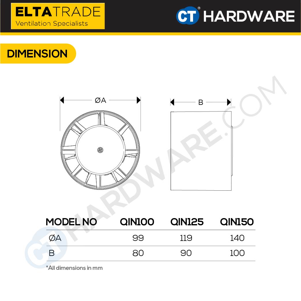 ELTA TRADE QIN100 / QIN125 / QIN150 Intermittent Axial In-Line Exhaust Fan (4″ / 5″ / 6″)