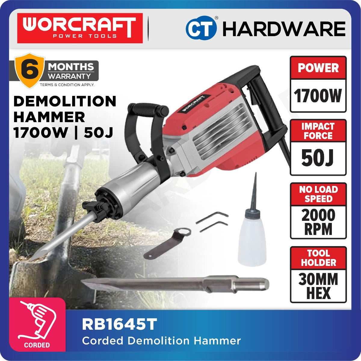 WORCRAFT RB16-45T Corded Demolition Hammer 1700W | 50J | 300MM HEX Best For Concrete / Mesin Ketuk Konkrit Pecah Dinding [ RB1645T ]