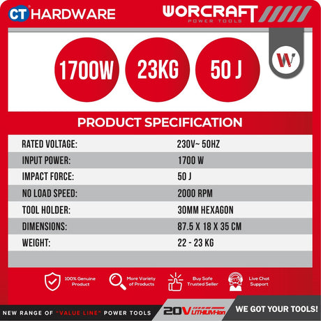 WORCRAFT RB16-45T Corded Demolition Hammer 1700W | 50J | 300MM HEX Best For Concrete / Mesin Ketuk Konkrit Pecah Dinding [ RB1645T ]