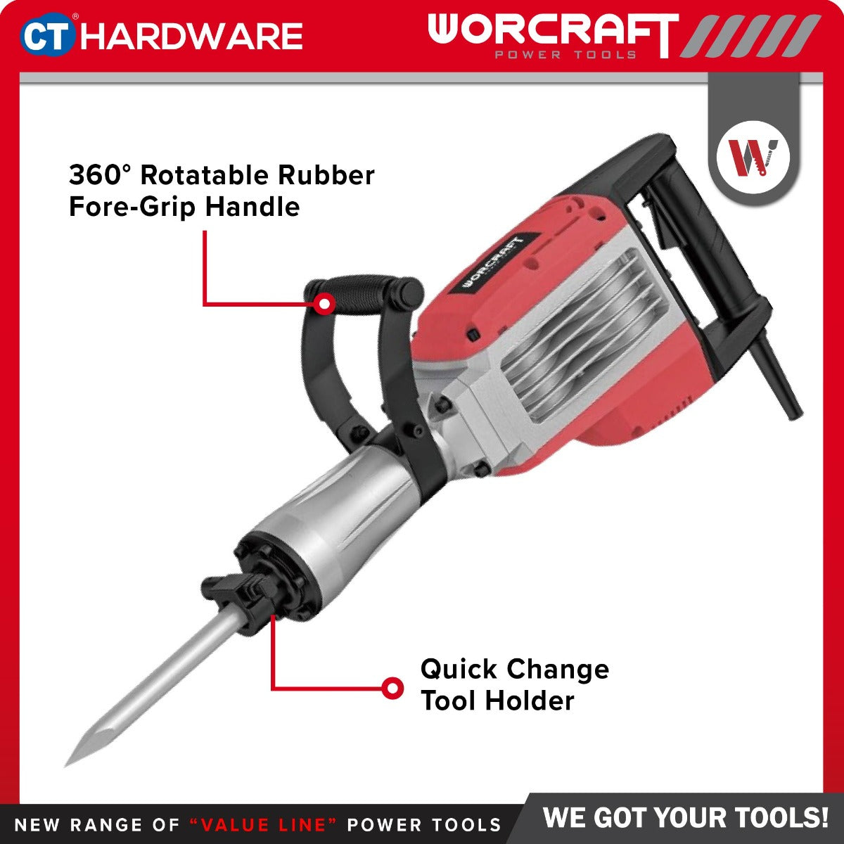 WORCRAFT RB16-45T Corded Demolition Hammer 1700W | 50J | 300MM HEX Best For Concrete / Mesin Ketuk Konkrit Pecah Dinding [ RB1645T ]