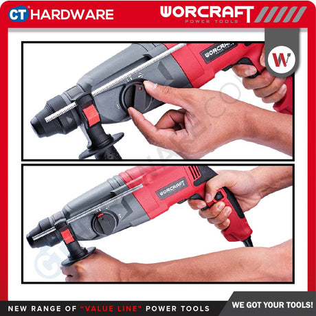 WORCRAFT RH09-26A 3 MODE ROTARY HAMMER 820W 1300RPM 4800BPM C/W ACCESS 3 DRILL BIT , 2 CHISEL SDS PLUS (RH0926A)