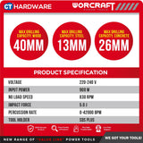 WORCRAFT RH0926X 3 MODE ROTARY HAMMER 900W 850RPM PERCUSSION 4100RPM C/W ACCE 3 BIT,2 CHISEL ( SDS PLUS )