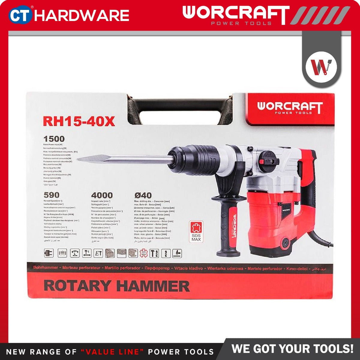 WORCRAFT RH15-40X Corded Rotary Hammer SDS MAX with 2-Modes | 1500W | 590RPM / Alatan Kuasa Gerudi Tukul Putar [RH1540X]