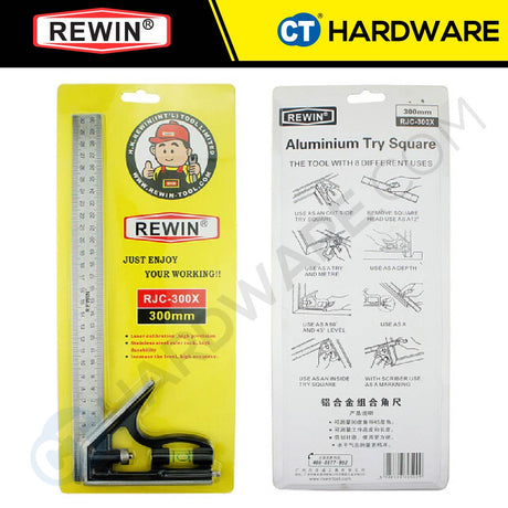 REWIN RJC-300X ALUMINIUM TRY SQUARE 300MM ( STAINLESS STEEL ) WITH SPIRIT LEVEL 300MM - 1PC [ RJC-300X ]