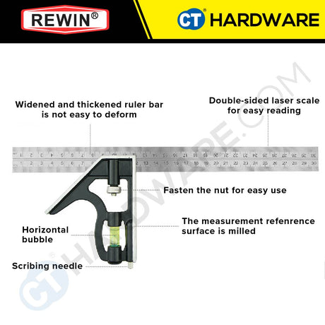 REWIN RJC-300X ALUMINIUM TRY SQUARE 300MM ( STAINLESS STEEL ) WITH SPIRIT LEVEL 300MM - 1PC [ RJC-300X ]