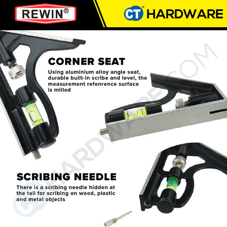 REWIN RJC-300X ALUMINIUM TRY SQUARE 300MM ( STAINLESS STEEL ) WITH SPIRIT LEVEL 300MM - 1PC [ RJC-300X ]