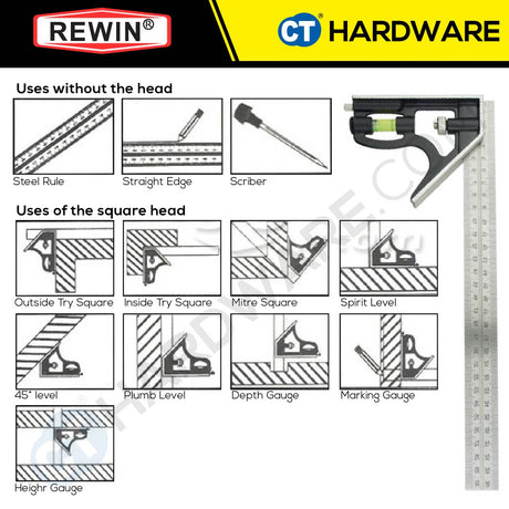 REWIN RJC-300X ALUMINIUM TRY SQUARE 300MM ( STAINLESS STEEL ) WITH SPIRIT LEVEL 300MM - 1PC [ RJC-300X ]