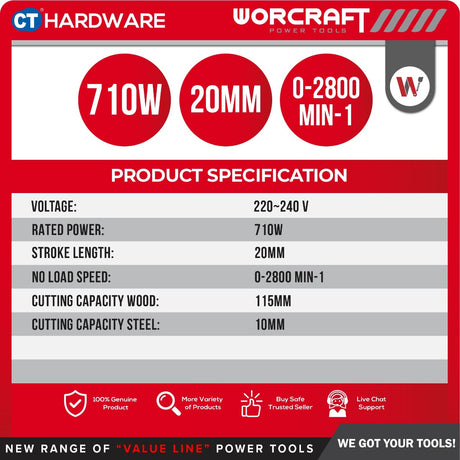 WORCRAFT RS07115E CORDED SABRE SAW / RECIPROCATING SAW 26MM |  750W | 2800SPM