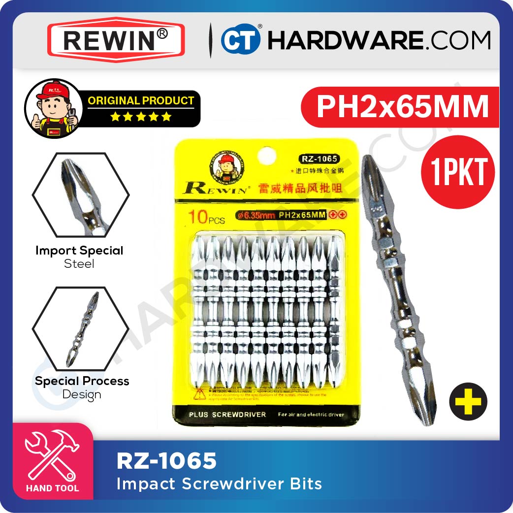 REWIN IMPACT SCREWDRIVER BITS PH2 X 65MM X 6.35MM  ( X 10PC ) RZ1065