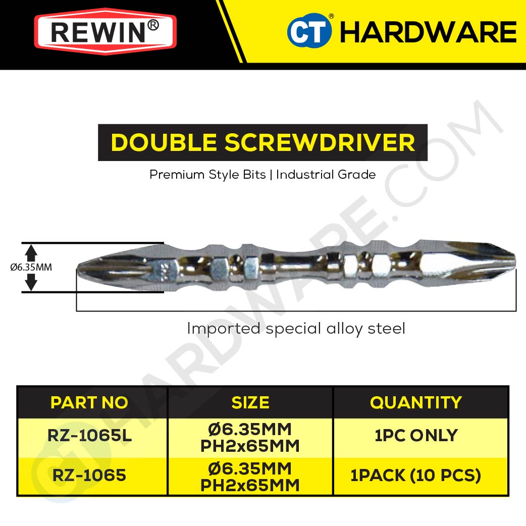 REWIN IMPACT SCREWDRIVER BITS PH2 X 65MM X 6.35MM  ( X 10PC ) RZ1065