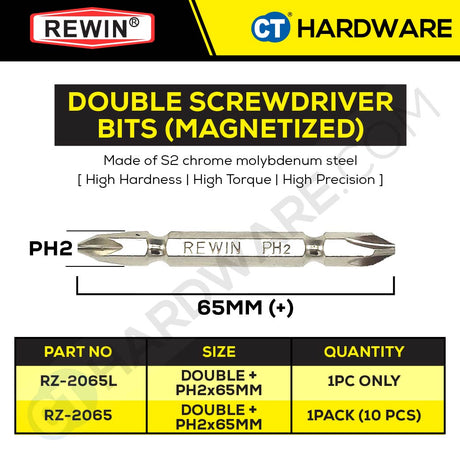 REWIN SCREWDRIVER BITS PH2 X 65MM X 6.35MM ++- S2 SERIES - RZ2065L